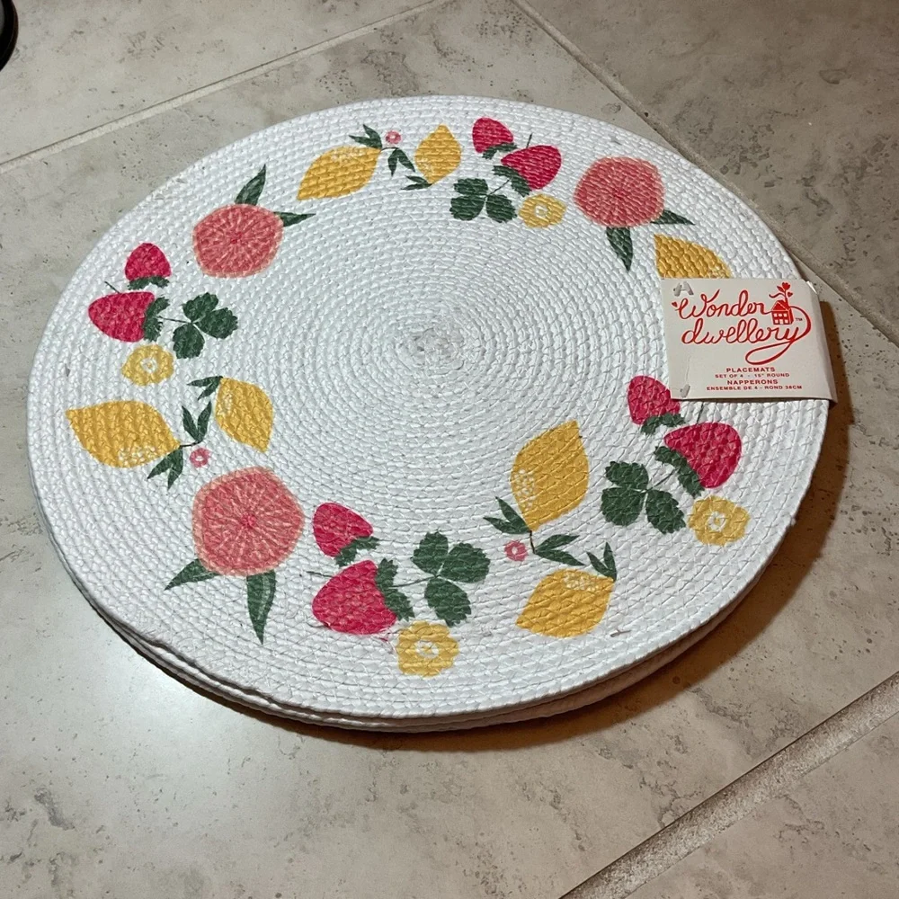 Wonder Dwellery, set of 4 Colorful Fruit woven placemats, round 15” NWT
